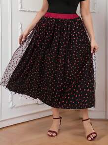 SHEIN Clasi Plus Size Elegant Heart Net Mesh Long Skirt Valentines/Valentine's Day - Black - View 5