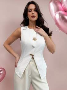 Firerie Festival Minimalist Elegant Daily Office Vintage Style White Sleeveless Top With Metal Decor And Slit Hem, Spring/Summer, Valentine's Day, Graduation, Teacher For Women, Back To School - White - View 1