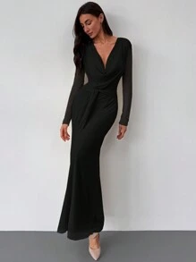 Aloruh 紧身低胸垂坠领长袖网眼杏色连衣裙，适合约会和场合的浪漫装扮