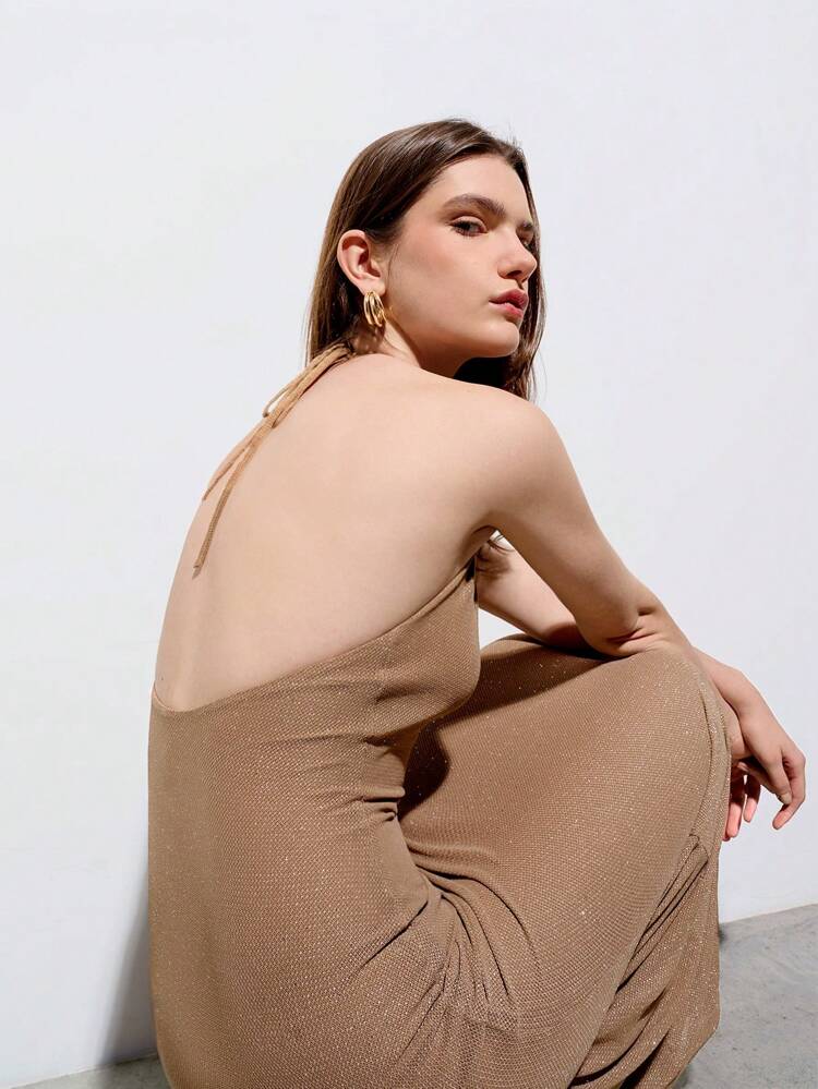 SHEIN Maija Spring And Summer New Khaki Glitter V-Neck Halterneck Sexy Women's Long Dress Urban Modern Elegant Sleeveless Daily Casual Commuting Suitable For Going Out For Vacations, Holiday Parties, Weddings And Dates.