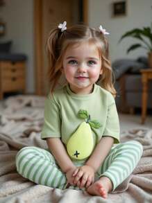 SHEIN 2 Stücke Set aus Baby Mädchen Lässig Rundhals Kurzarm Oberteil und Leggings mit Leoparden Schleife, geeignet für Frühling/Herbst