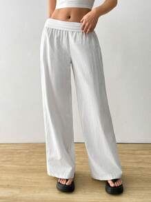 SHEIN EZwear 女士纯色腰部褶皱直筒休闲裤 - 白色 - 查看 3