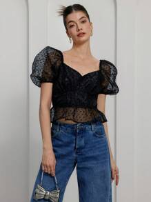 GENKIRA 女士优雅圆点欧根纱泡泡袖镂空腰部衬衫 - 黑色 - 查看 1