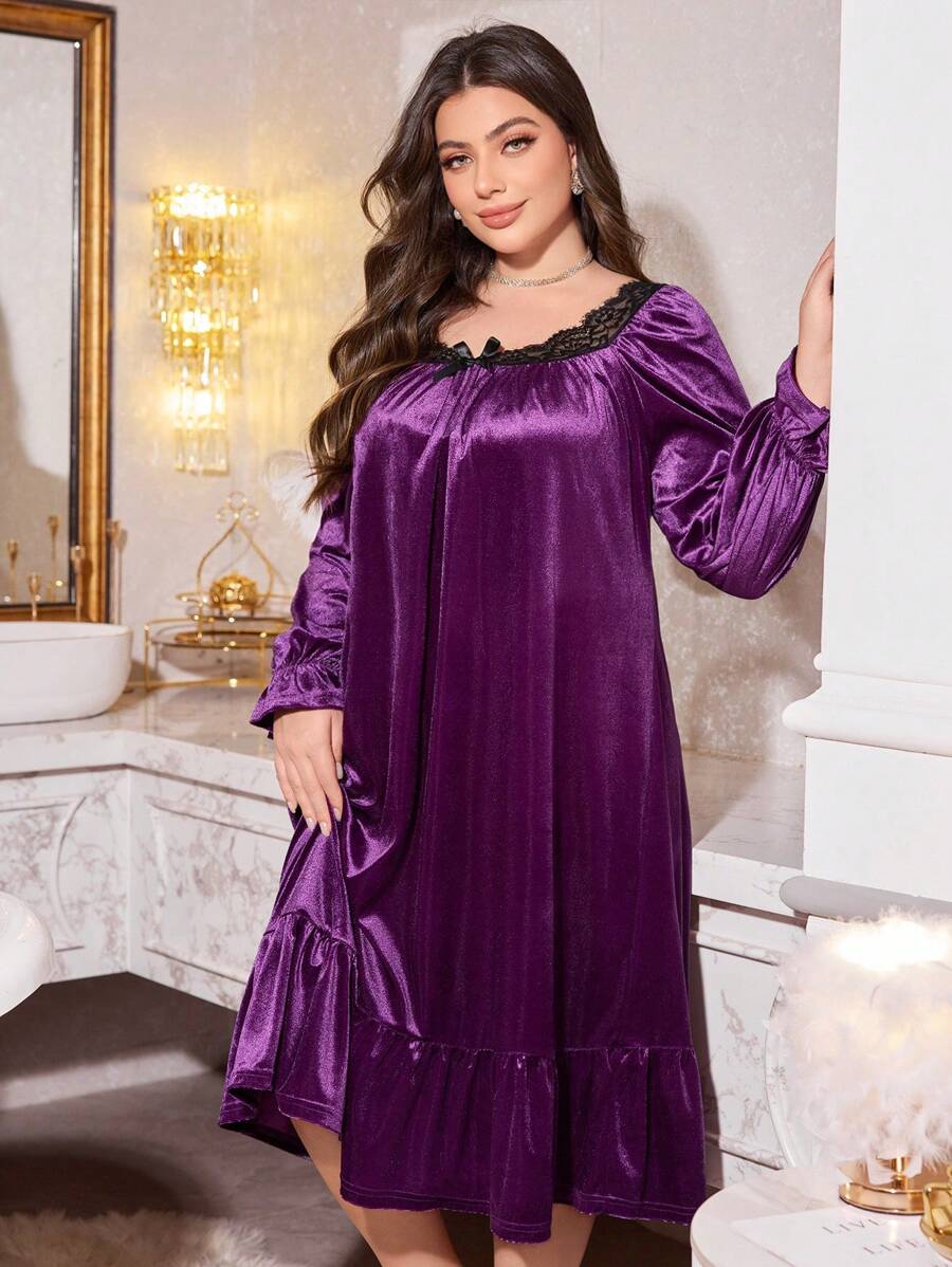 大码优雅蕾丝边天鹅绒女式睡裙