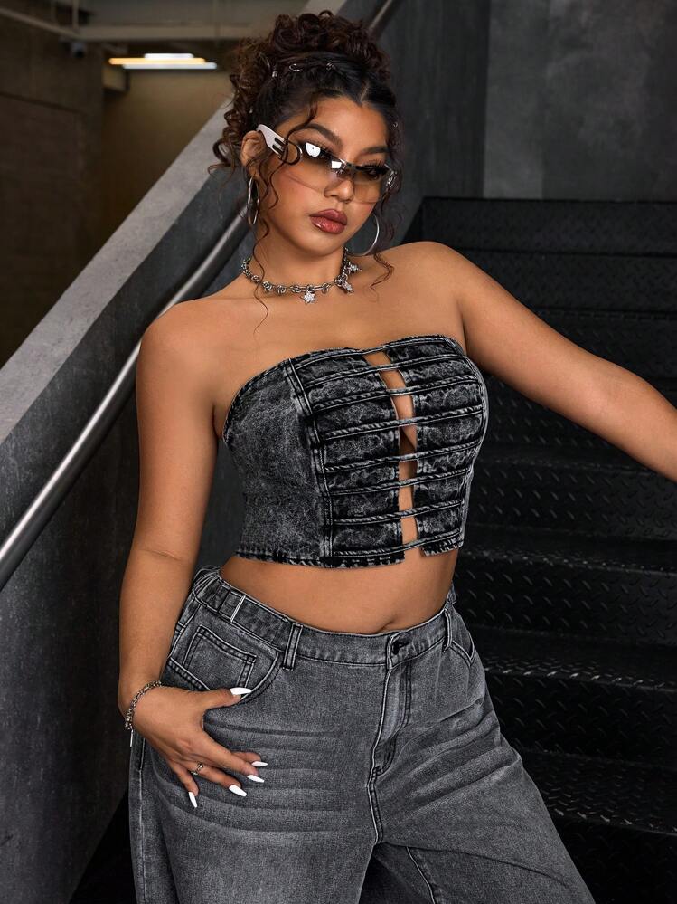 SHEIN ICON 大码露肩领简约修身休闲牛仔上衣 - 黑色 - 查看 6