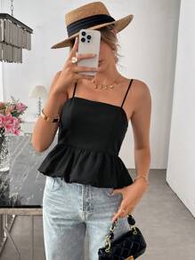 SHEIN LUNE Damski swobodny jednolity kolor, bluzka z falbanką i prosty, uroczy top bez rękawów