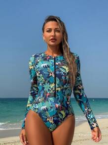 Swim SPRTY Women Front Zipper Long Sleeve Tropical Printed One-Piece Rashguard, For Summer Beach Vacation - Multicolor - View 3