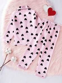 2 件圣诞心形图案女童休闲柔软面料长袖睡衣套装
