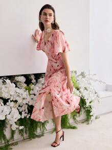 MOTF PREMIUM SILK FLORAL PRINT SHORT SLEEVE SLIT MIDI DRESS - Pink - View 1