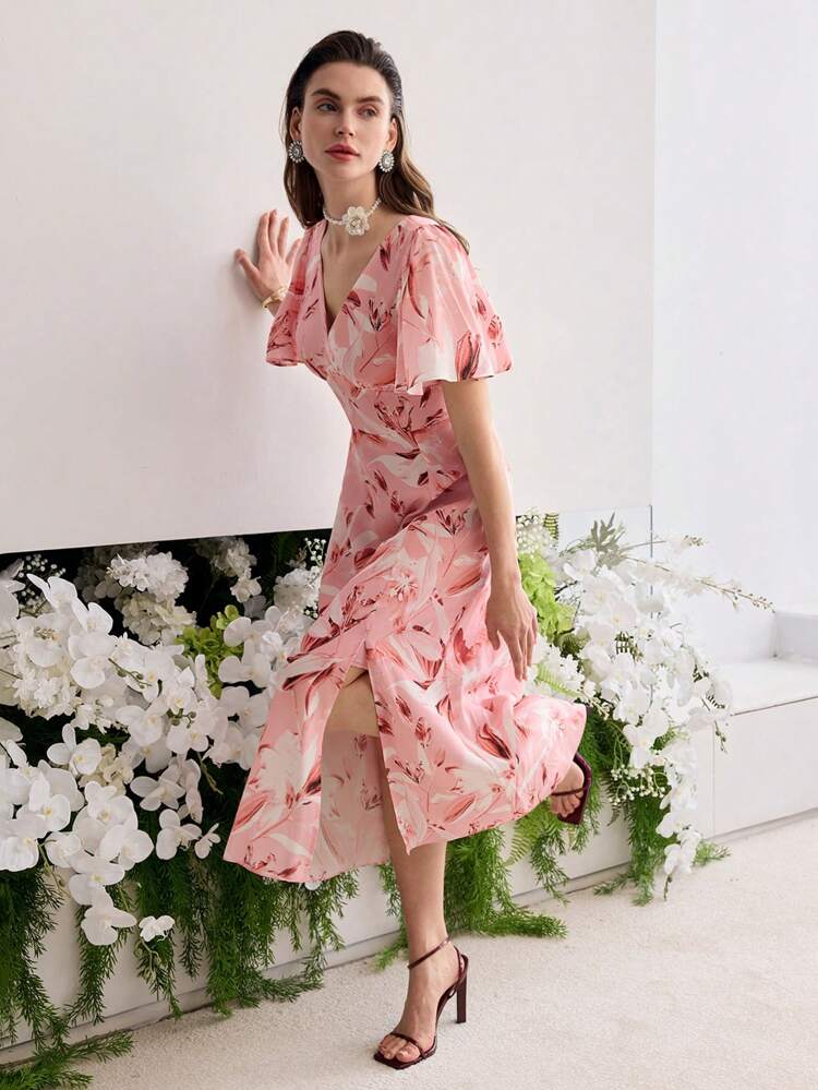 SILK FLORAL PRINT SHORT SLEEVE SLIT MIDI DRESS
