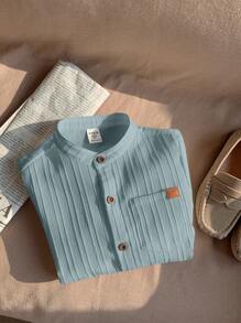 SHEIN LMoss Kids LMoss 1 件装年轻男孩休闲学院风舒适亚麻立领贴袋百搭百搭衬衫 - 霧霾藍 - 查看 2