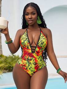 Slaydiva Bohemian Style Colorblock Personalized Multi-Strap One-Piece Swimsuit, For Beach Vacation - Multicolor - View 5