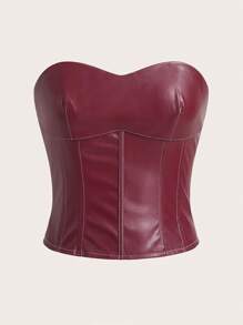 Women's Solid Color Wine Red PU Simple Fitted Bandeau Top, Casual & Travel