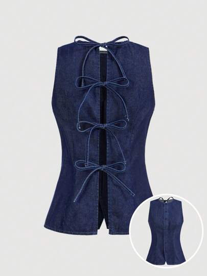 SHEIN MOD 女式牛仔吊带背心无袖休闲修身系带背心、感恩节女装、冬季女式上衣、圣诞上衣、圣诞蝴蝶结衬衫、可爱蝴蝶结上衣、女式蝴蝶结背心、女式圆领背心、女式衬衫、蝴蝶结背心、蝴蝶结衬衫