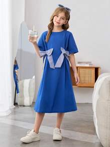 SHEIN Leap Crew 青少年女孩宽松蝴蝶结装饰 A 字短袖圆领连衣裙 - 藍色 - 查看 7