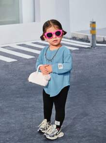 SHEIN 女婴可爱字母印花不对称针织上衣配松紧腰裤套装，秋冬