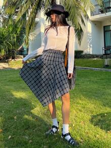 DAZY 女式格子不对称下摆宽松休闲度假夏季半身裙 - 黑色 - 查看 5