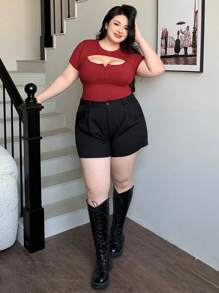 Dazy Plus 大码弹力修身圆领镂空短袖T恤，中国新年，春夏 - 紅色 - 查看 7