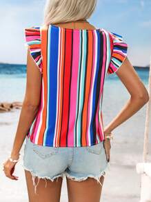 SHEIN VCAY Blus Wanita Lengan Pendek dengan Ikatan Depan dan Garis Merah Warna-warni, Musim Panas, Boho, Pantai, Liburan, Liburan Tropis Bohemian, Karnaval Hari Valentine, dan Pesta Rave - MultiWarna - View 2