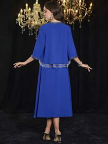 Modelyn Fringed Beaded Sash Cropped Top & Slip Dress, Solid Color - Blue - View 2