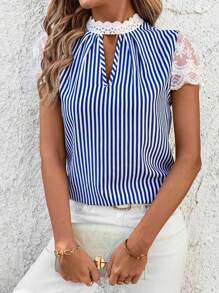 SHEIN Clasi Women's Blue & White Stripe Lace Patchwork Blouse, Spring/Summer