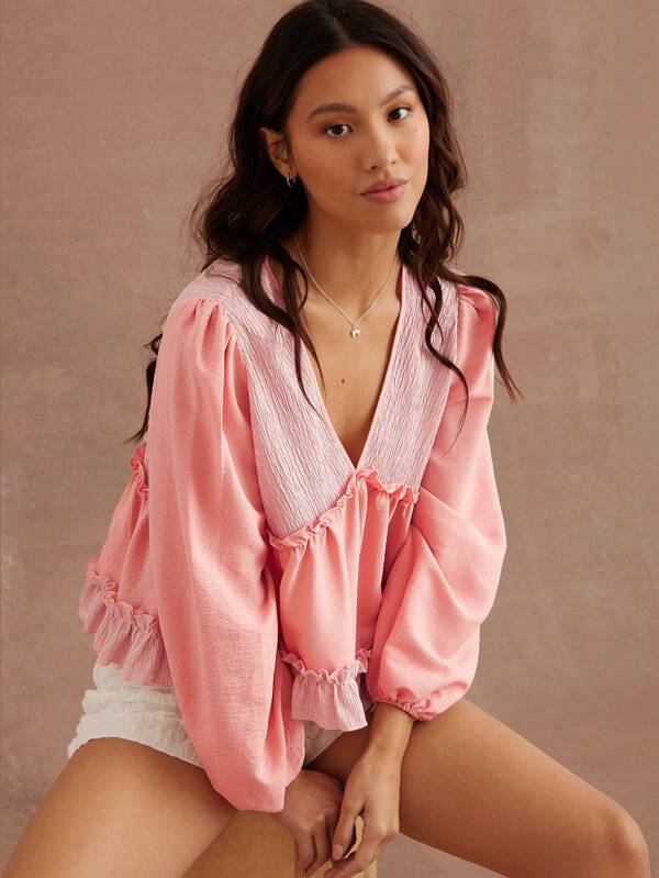 WESTFADE 西部混合材质针织与编织 V 领娃娃装长袖女牛仔上衣