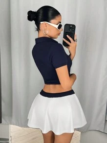 SHEIN ICON Women Y2k Short Sleeve Letter Print T-Shirt And Contrast Color Mini Tennis Skirt 2pcs Set,Everyday Wear,Sporty Style