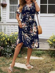 EMERY ROSE Women's Floral Print Ruffle Sleeve Waist Dress - Blue - View 4