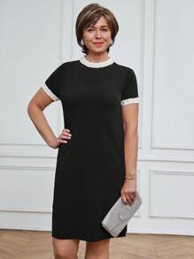 Miaspire 女士休闲串珠带领设计圆领短袖黑色迷你连衣裙，春夏日常穿着 - 黑色 - 查看 5