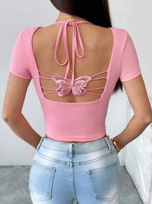 Chiquease Camiseta de mujer con cuello redondo, silueta ceñida, espalda calada con lazo y estampado de mariposas y flores, para primavera/verano