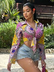 SHEIN SXY Women's Front Tie Long Sleeve Printed Casual Short Blouse,Spring Break,Boho,Old Money,Cover Ups,Beach,Boho,Summer,Vacation,Sexy - Multicolor - View 4