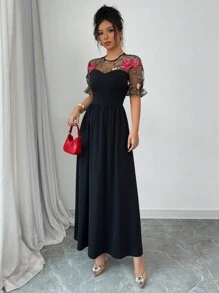 Rafferiza Sexy Embroidered Floral Mesh Patchwork Solid Color Slim Fit Dress, European And American Style - Black - View 5