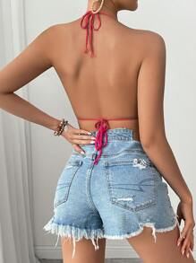 SHEIN Swim Women Handmade Crochet 3D Floral & Shell Tie Beachwear Halter Cover Up Top, For Summer Beach Vacation - Hot Pink - View 2