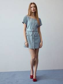 MOTF STUDIO BUTTON FRONT DENIM DRESS - Light Wash - View 5