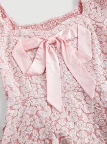 SHEIN MOD Vestido de manga abullonada con lazo y textura de longitud media para mujer, vestido de graduación, vestidos modestos para mujer - Rosa - Ver 3