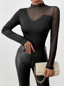 Chiquease Áo thun nữ cổ đứng tay dài lưới bất đối xứng - màu đen - Xem 6