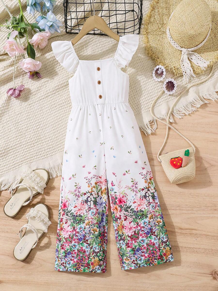 SHEIN Young Girl Ditsy Floral Ruffled Edge Jumpsuit, Easter - White - View 1