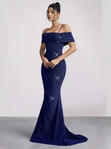 SHEIN Belle Elegant Navy Blue Open Shoulder Off Shoulder Long Sleeve Mermaid Hem Maxi Evening Dress, Bridesmaid Dress, Wedding Guest Dress Music Festival Spring/Summer, Party Dress, Formal Dress,Gown - Navy Blue - View 4