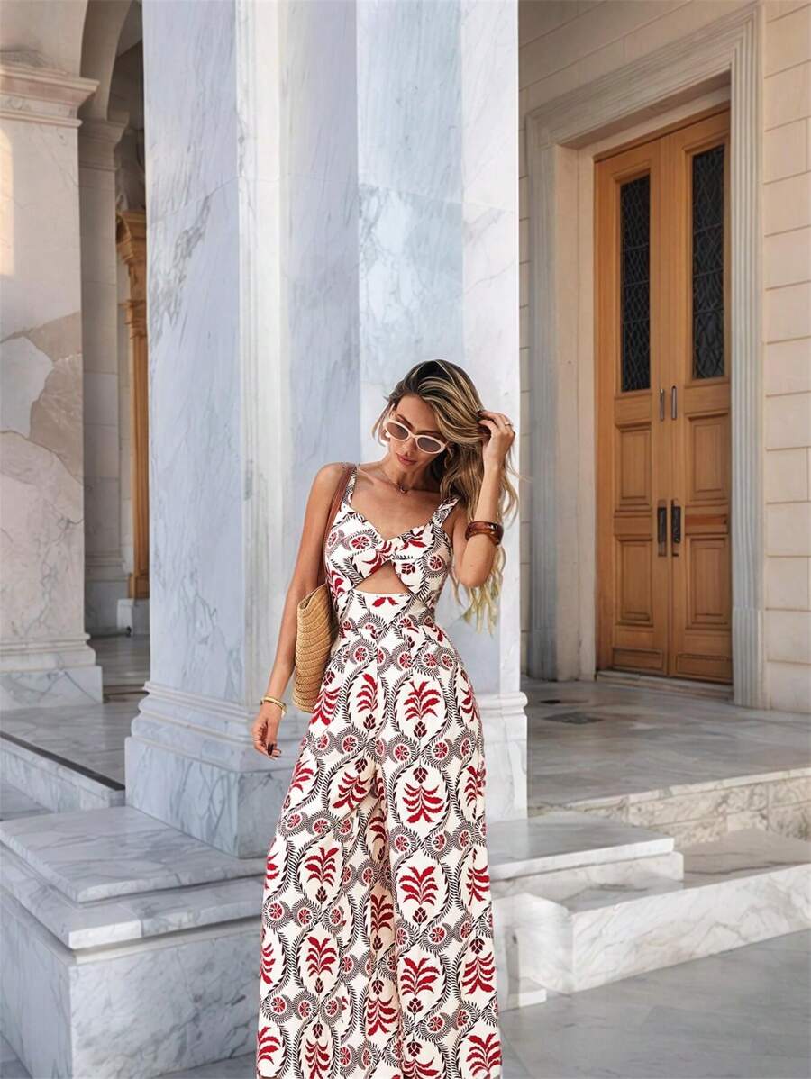 SHEIN VCAY Women's Loose Printed Camisole One-Piece Jumpsuit With Cross Back Design,Summer Clothing,Vacation Style,For Beach Vacation - Multicolor - View 1