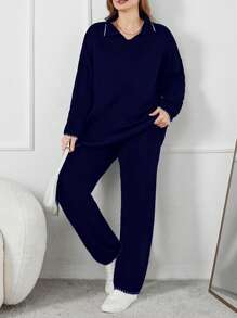SHEIN Cottnline 详细的黑白加大码毛衣套装 - 藏蓝色 - 查看 5