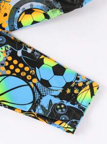 Tween Boy 2 件套图案紧身服装 - 足球印花裤和长袖上衣，配有游戏机图案 - 彩色 - 查看 3