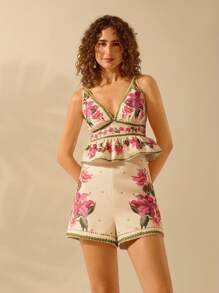 CAJUNI 女士彩色波西米亚风花卉和植物印花迷你短裤，夏季休闲海滩度假短裤 - 彩色 - 查看 3