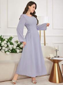 Modelyn Feather Decor Cinched Waist V-Neck Solid Color Elegant Long Sleeve Dress