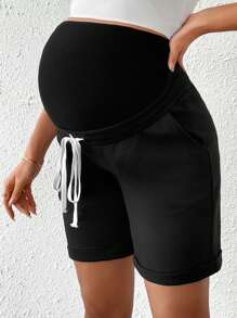SHEIN Quần short cạp rút màu trơn đơn giản cho phụ nữ mang thai - màu đen - Xem 4