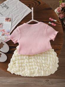 2 件装女宝宝韩版夏季休闲粉色罗纹上衣和米色泡泡裙套装 - 彩色 - 查看 2