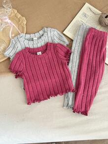 SHEIN LMoss Kids Baby Girls 4pcs Casual Crew Neck Ruffle Trim Ribbed Knit Top And Pants Pajamas Set - Multicolor - View 6