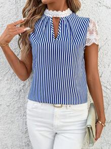 SHEIN Clasi Women's Blue & White Stripe Lace Patchwork Blouse, Spring/Summer