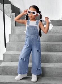 SHEIN Young Girl Blue Denim Overalls With Bow Design - Light Wash - View 5