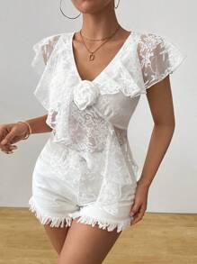 SHEIN Unity Romantic Lace Ruffle 3D Floral Decor Blouse - White - View 7