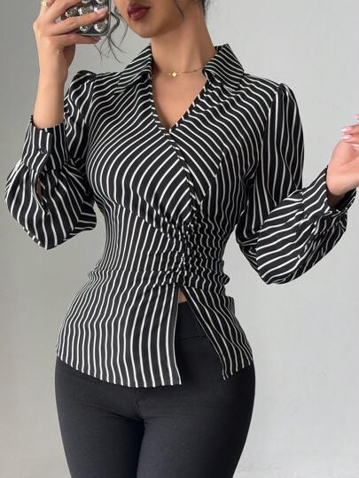 Elenzga Blusa 2024 de nuevo diseño con escote en V sexy y cintura fruncida para mujer